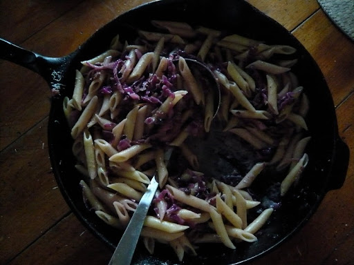 Weeknight dinner pasta. Shredded 1/2 red cabbage, onion, garlic, bacon, chili flakes, lemon rind, currants. Weeknight dinner pasta. Shredded 1/2 red cabbage, onion, garlic, bacon, chili flakes, lemon rind, currants.