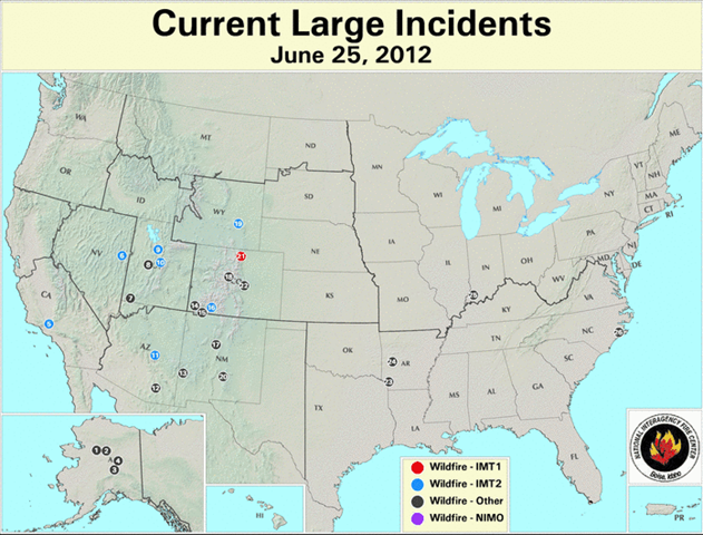Map of current large wildfire incidents for the United States, 25 June 2012. activefiremaps.fs.fed.us