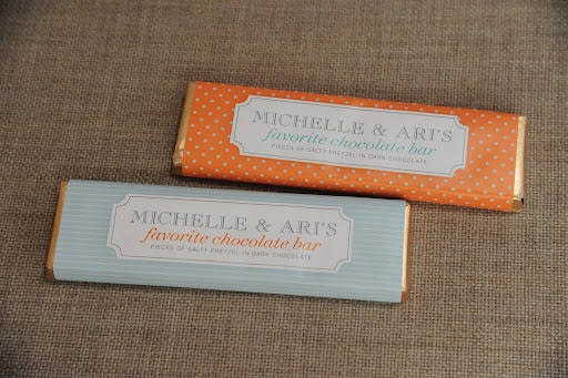 Chocolate bar favors inspired by the ones from Michele Cosentino and Ari Greenman’s spring 2006 wedding.
These are from Economy Candy (www.economycandy.com).
