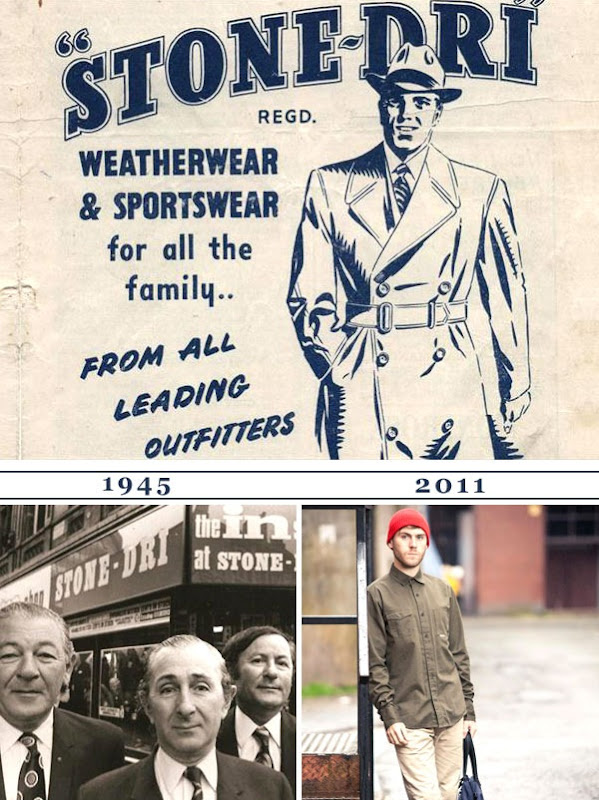 Originol Stone-Dri logo, plus photos of the new range and an old shot taken outside the first Stone-Dri store in 1945. 