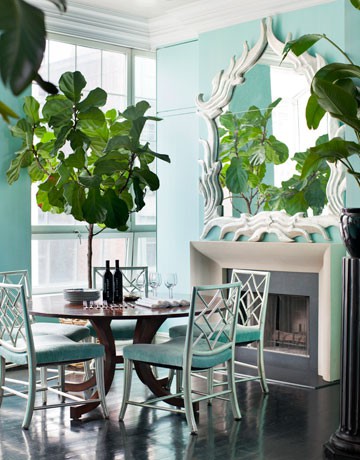 I pulled this picture to show how greenery can be used as a color, too. Against the ocean teals of this powdery room, enormous leaves make their own color statement. (www.pinterest.com) I pulled this picture to show how greenery can be used as a color, too. Against the ocean teals of this powdery room, enormous leaves make their own color statement. (www.pinterest.com)