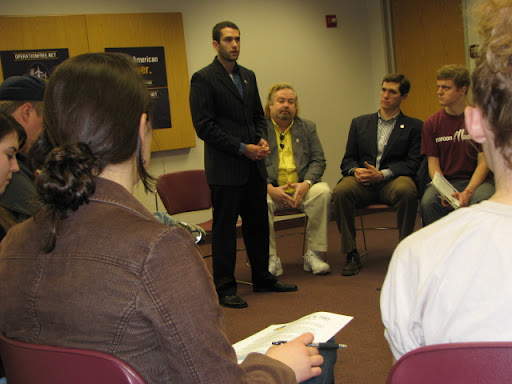 Three veterans made a stop in Springfield Wednesday to talk with Missouri State University students about America's dependence on foreign oil, and why they think it's detrimental to national security and the environment. (Photo credit: Jennifer Moore)