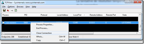 Capture d'écran de l'élément "Close Connection" dans TCPView