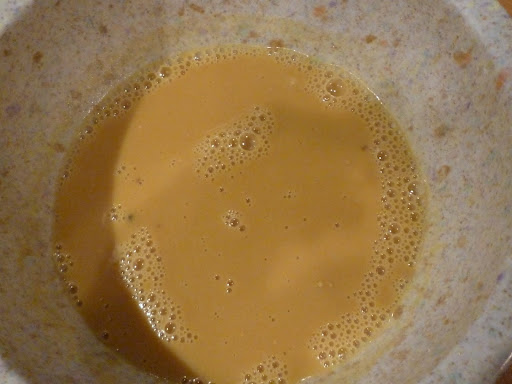 Vinegar, mustard seeds, and mustard powder get a soaking to soften the seeds.