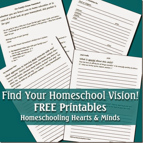 Our Family’s Dream Homeschool is a FREE printable, 15 page packet designed to help you work through what your family wants to achieve by educating your kids at home and how you’re going to get there.  Homeschooling Hearts & Minds