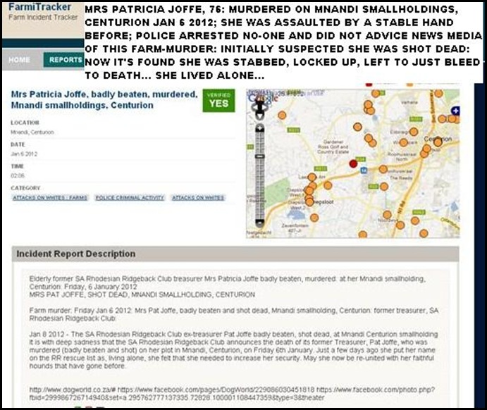 JOFFE MRS Patricia FARMITRACKER FIRST REPORT SAYS SHE WAS SHOT BUT SHE WAS STABBED AND LEFT TO BLEED TO death
