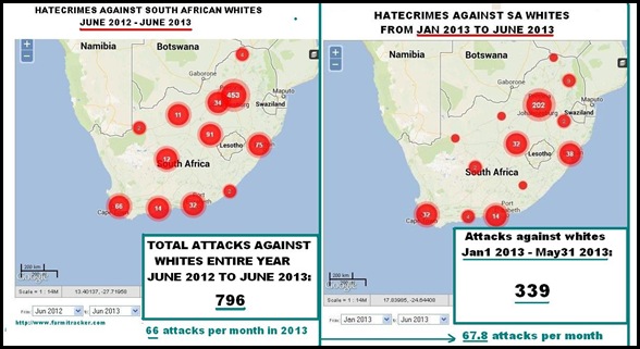 HATECRIMESagainstWhitesJune2012toJune2013SouthAfricaMapFarmitracker