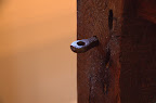 Period metal piece (for a door latch?) that Vivian saw at his shop and asked tp have it embedded in the leg of the table. The table top has some period nails embedded as well, for character.