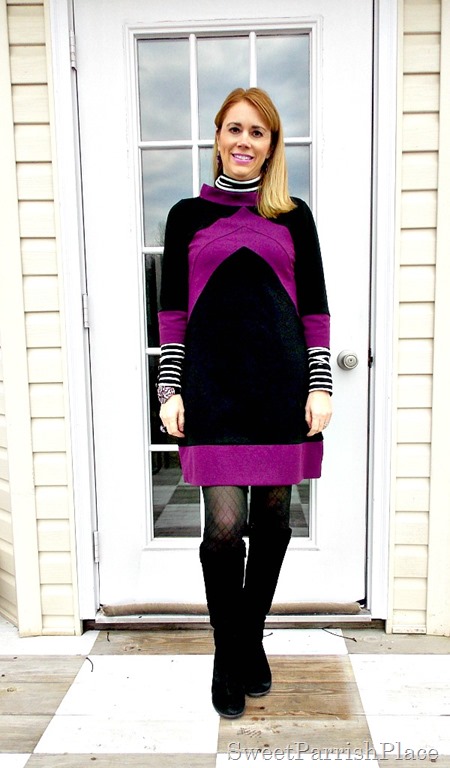 black and purple tunic dress with black boots