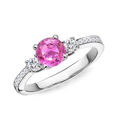Round PinkSapphire and Diamond Three Stone Ring