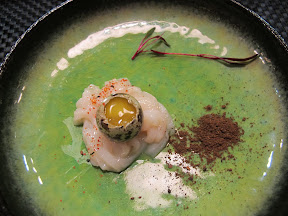 Scallop sashimi with kombu powder and quail egg at the Yuji Ramen omakase pop-up