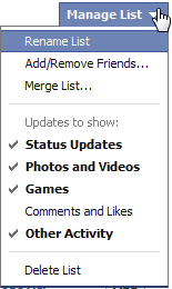 Facebook list choose updates