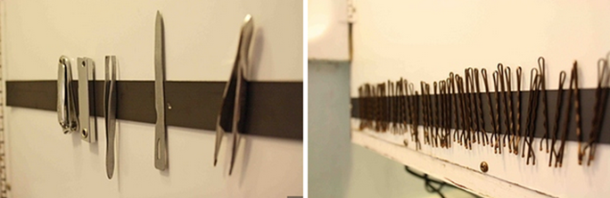 Coloque uma fita magnética no armário do seu banheiro para grampos de cabelo e pinças. pincas organizar magnetico ima