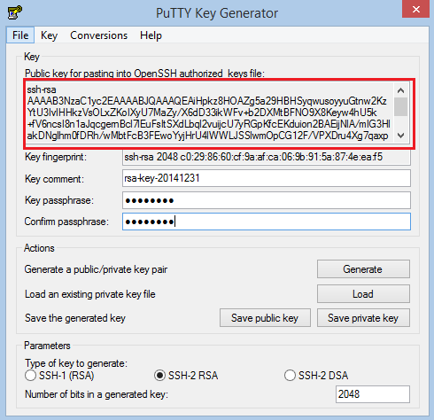 Machine generated alternative text: File Key Public ssh Conversions for astin into PuTTY Key Generator Help SSH authorized AAAAE3NzaC1yc2EAAAA8JQAAAQEAHpkz8HOAZg5a2SHBHSyqwuso„uGtnw2Kz 4VEncsIen1aJqcgemBc17EuFsftSXdLbq12vuijcU7yRGp&EKduion2BAajNIA/mIG3HI akDNgIhmCfDRh/wMbtFcB3FE„YjHrU4WWLJSSlwmOpCG12FAPXDru4Xg7qaxp v Key fingerprint Key comment Key p assphrase Confirm p assphrase 'E key-20141231 Save public key Generate Save private key Generate a public/private key pair laad an existing private key file Save the generated key Parameters Type of key to generate SSH-I (RSA) @SSH-2 RSA O SSH-2DSA Number of bits In a generated key 