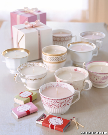 If you have antique teacups that have lost their saucers they can make sweet gifts when fitted with candles. If you have antique teacups that have lost their saucers they can make sweet gifts when fitted with candles.