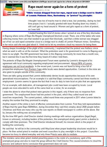 BLACK RACIST JOB RIGHTS PROTESTORS RAPE WHITE WOMAN IN PROTEST LONMIN PLATINUM MINE RUSTENBURG FEB 19 2012
