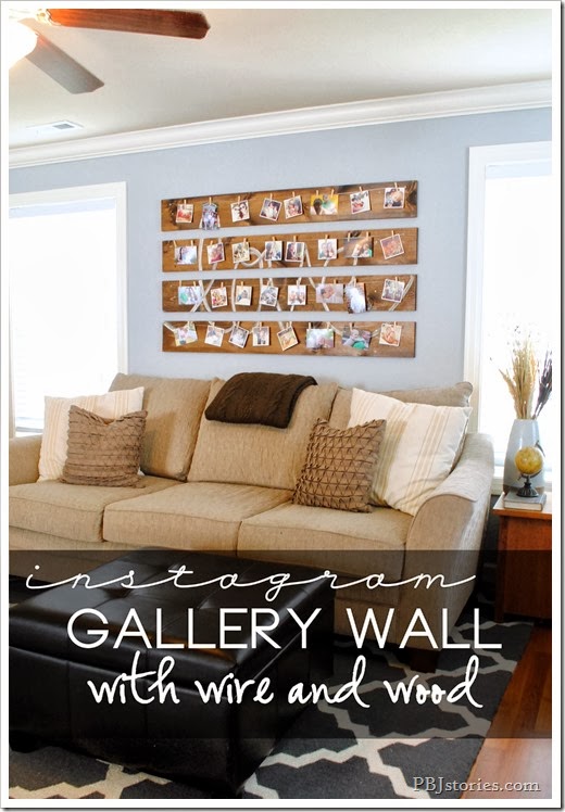 Gallery wall built with wire and wood using instagram pictures Gallery wall built with wire and wood using instagram pictures