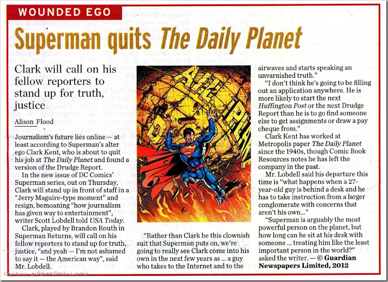 The Hindu Daily Chennai Edition Page No 14 Dated  Thursday 25th Oct 2012 Superman Quits Daily Planet