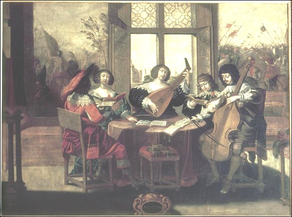 Bosse Abraham (d'après) - l'ouie (suite des 5 sens) - 17e siècle - huile sur toile - 1,04 x 1,37 m - Tours, Musée des beaux-arts