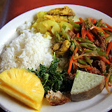 Chicken Curry, Stir Fry, Fish in Coconut Milk, Spinach, Taro, Rice, & Pineapple:  Yum! - Suva, Fiji