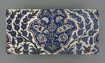 Tiles | Origin: Turkey, Iznik, Ottoman | Period: last quarter of the 16th century | Collection: The Phil Berg Collection (M.71.73.37a-b) | Type: Ceramic; Architectural element, Fritware, underglaze painted in red, blue, green and black, 8 x 19 in. (20.32 x 48.26 cm)