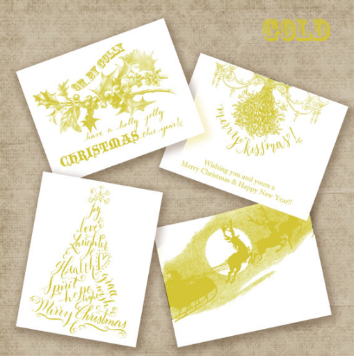 How regal are these letterpress cards in gold? Letterpress Christmas Cards, $14 for a set of six, Dancing Pen and Press, etsy.com/shop/DancingPenandPress.