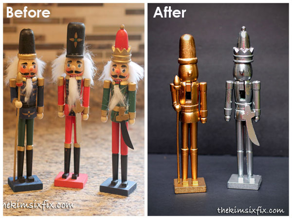 Turn dollar store nutcrackers into modern shiny metallic silver and gold faux metal versions.