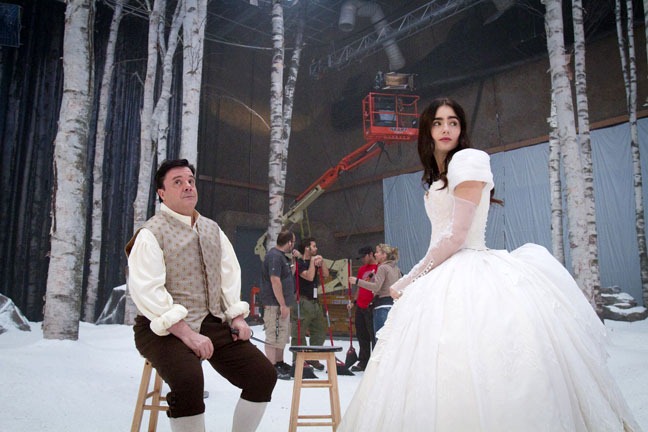 Nathan Lane and Lily Collins watch developments on set, "Snow White," September 13, 2011