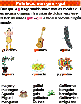 Tarea de palabras con gue y gui para niños de primaria