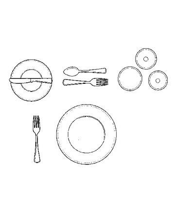 Setting the Table for Salad: Salad is served on a midsize plate and eaten with the remaining fork, which has a broader end tine than other forks and can be used for cutting. After this course, the bread-and-butter plate, butter knife, and both wineglasses will be cleared, along with the salad plate and fork, leaving the table set for dessert.