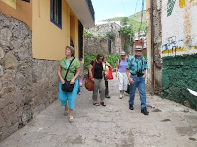 walking downhill from the studio