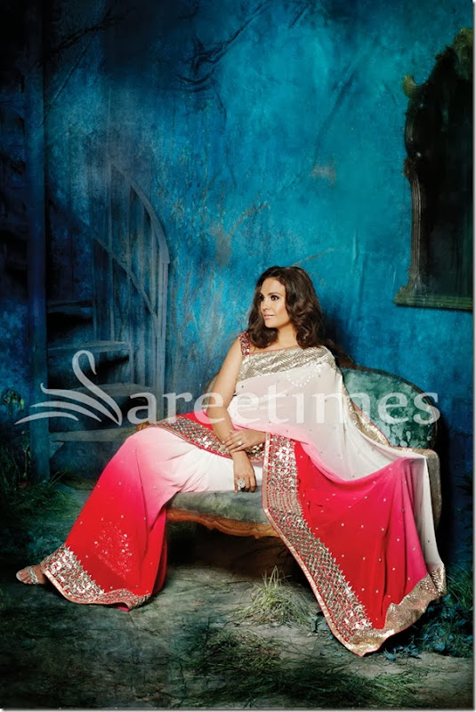 LD-40: This pure georgette saree exudes charm and vivacity through its distinctive ombre effect through the drape. A broad Gota border coupled with sequin clusters sprinkled along the length create a sparkling vision of finesse. The contrast red Gota blouse completes the look of the ensemble. LD-40: This pure georgette saree exudes charm and vivacity through its distinctive ombre effect through the drape. A broad Gota border coupled with sequin clusters sprinkled along the length create a sparkling vision of finesse. The contrast red Gota blouse completes the look of the ensemble.