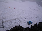 Another view of the tent area. Our tent right center. Crevasses all over. Rock fall all over. It was noisy last night.
