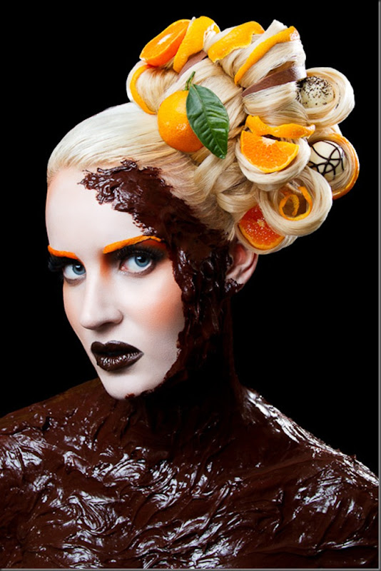 Face art Food Карла Пауэлл (Karla Powell)Face art,фейс-арт, визажист  фотограф Photographer Рич Нинтон (Rich Hinton),Food Inspired Make-up & Hair Project,макияж и волосы различными продуктами питания,шоколад и апельсины