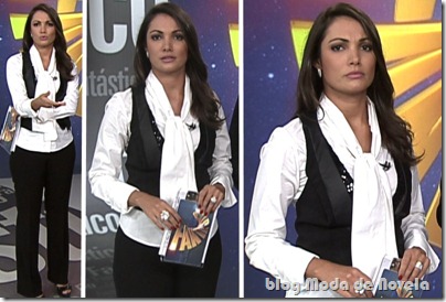 Blusa branca de gola laço com colete e calça pretos da Patrícia Poeta no dia 10 de abril