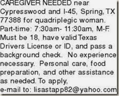 Caregiver needed in Spring (near Cypresswood and I-45)
