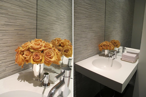 Buttery yellow roses lit up the bathroom. Flowers are an easy and refreshing way to add color in all the unexpected places.