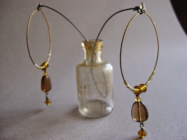 Gold plated hoop earrings with Czech glass bead accents in gold, cream and brown
