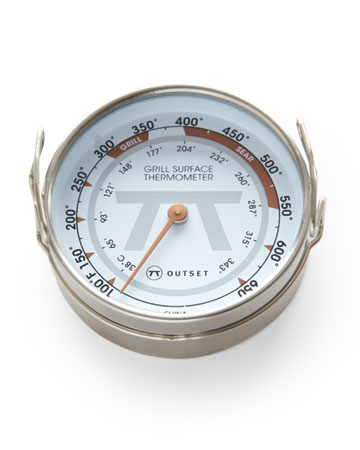 The instant-read surface thermometer (outsetinc.com) indicates when the barbecue is hot enough for warming, grilling, or searing.