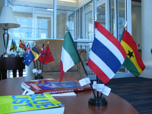 An abundance of international flags can be seen in the lobby of MSU's English Language Institute in downtown Springfield. (photo credit: Sam Senovich)