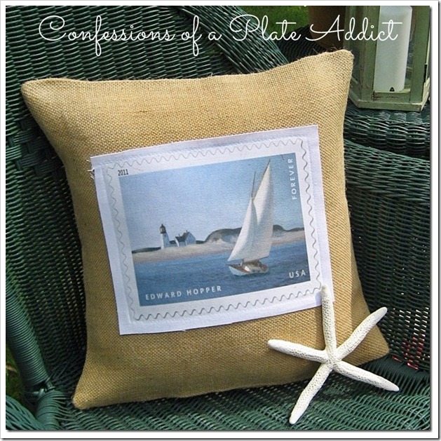 CONFESSIONS OF A PLATE ADDICT Burlap and Canvas Sailboat Pillow CONFESSIONS OF A PLATE ADDICT Burlap and Canvas Sailboat Pillow