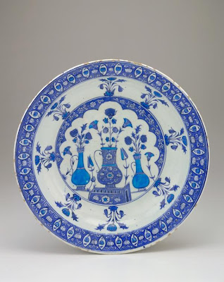 Plate | Origin:  Iznik,  Turkey | Period: 1525-1535  Ottoman period | Details:  Not Available | Type: Stone-paste body painted under glaze | Size: H: 6.8  W: 37.6  cm | Museum Code: F1955.8 | Photograph and description taken from Freer and the Sackler (Smithsonian) Museums.