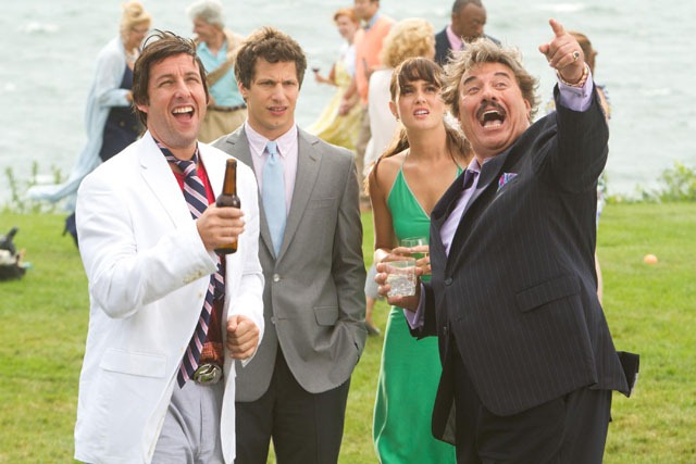 Donny Berger (Adam Sandler), Todd Peterson (Andy Samberg), Jamie Martin (Leighton Meester) and Steve Spirou (Tony Orlando) at cocktail party in Columbia Pictures' comedy THAT'S MY BOY.