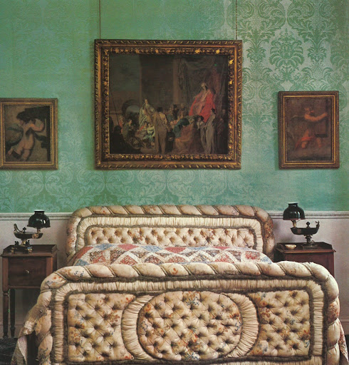 The Duke of Wellington's button-tufted silk brocade bed. Totally perfect. The Duke of Wellington's button-tufted silk brocade bed. Totally perfect.
