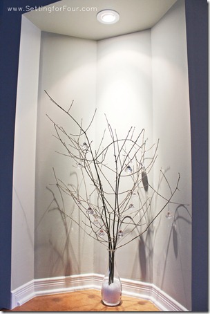 Winter Branch Centerpiece from Setting for Four #winter #branch #centerpiece #decor #crystal