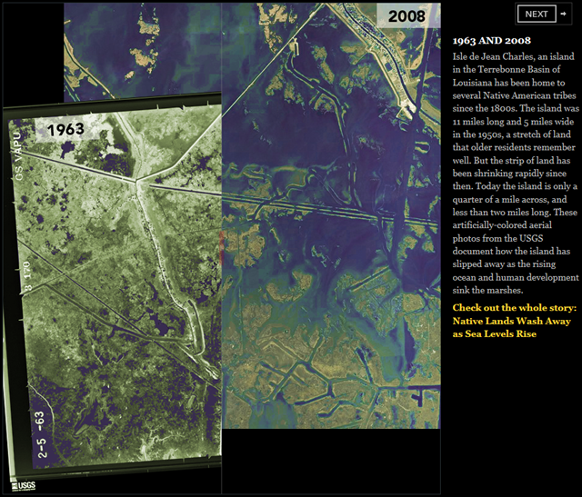 1963 and 2008: Isle de Jean Charles, an island in the Terrebonne Basin of Louisiana was 11 miles long and 5 miles wide in the 1950s, a stretch of land that older residents remember well. But the strip of land has been shrinking rapidly since then. Today the island is only a quarter of a mile across, and less than two miles long. These artificially-colored aerial photos from the USGS document how the island has slipped away as the rising ocean and human development sink the marshes. USGS via pbs.org