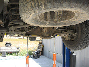 Supporting the axle prior to removing the rear shocks and springs.