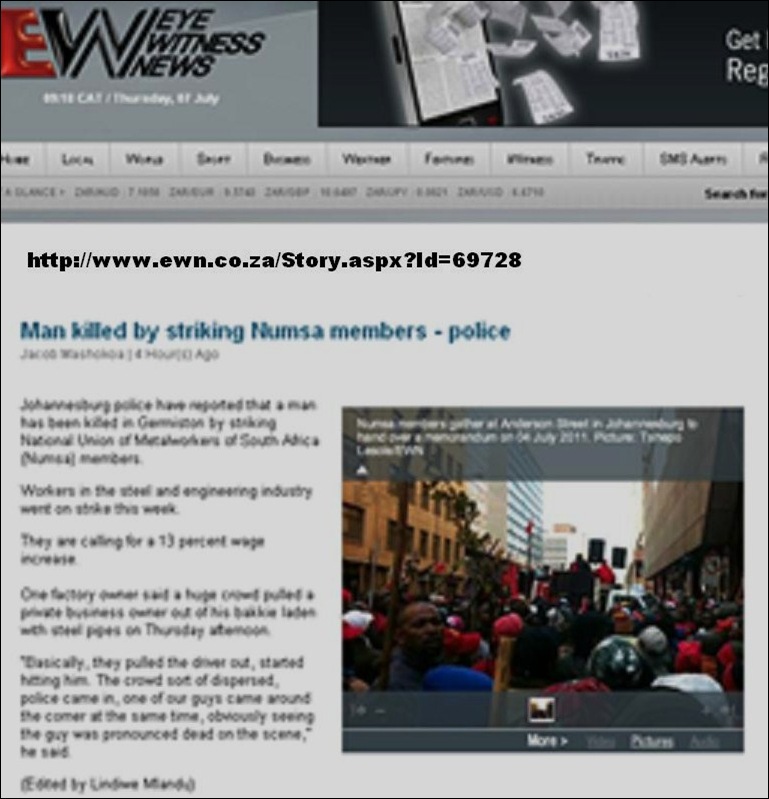GERMISTON DRIVER LYNCHED BY BLACK STRIKERS MOB JULY 7 2011