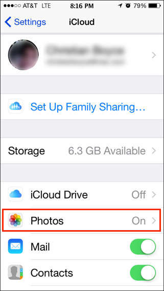 iPhone's iCloud settings