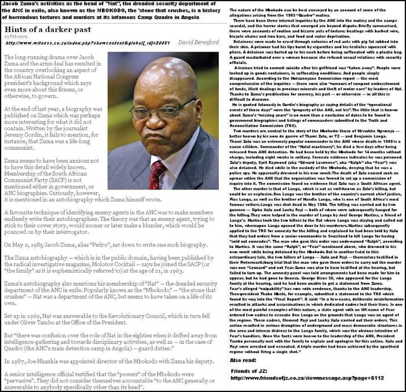 ZUMA WAS MAIN DISCLIPLINARIAN AT CAMP QUATRO AS HEAD OF NAT MOLOTOV COCKTAIL SAPS MAY 2 1985 AUTOBIOGRAPHY